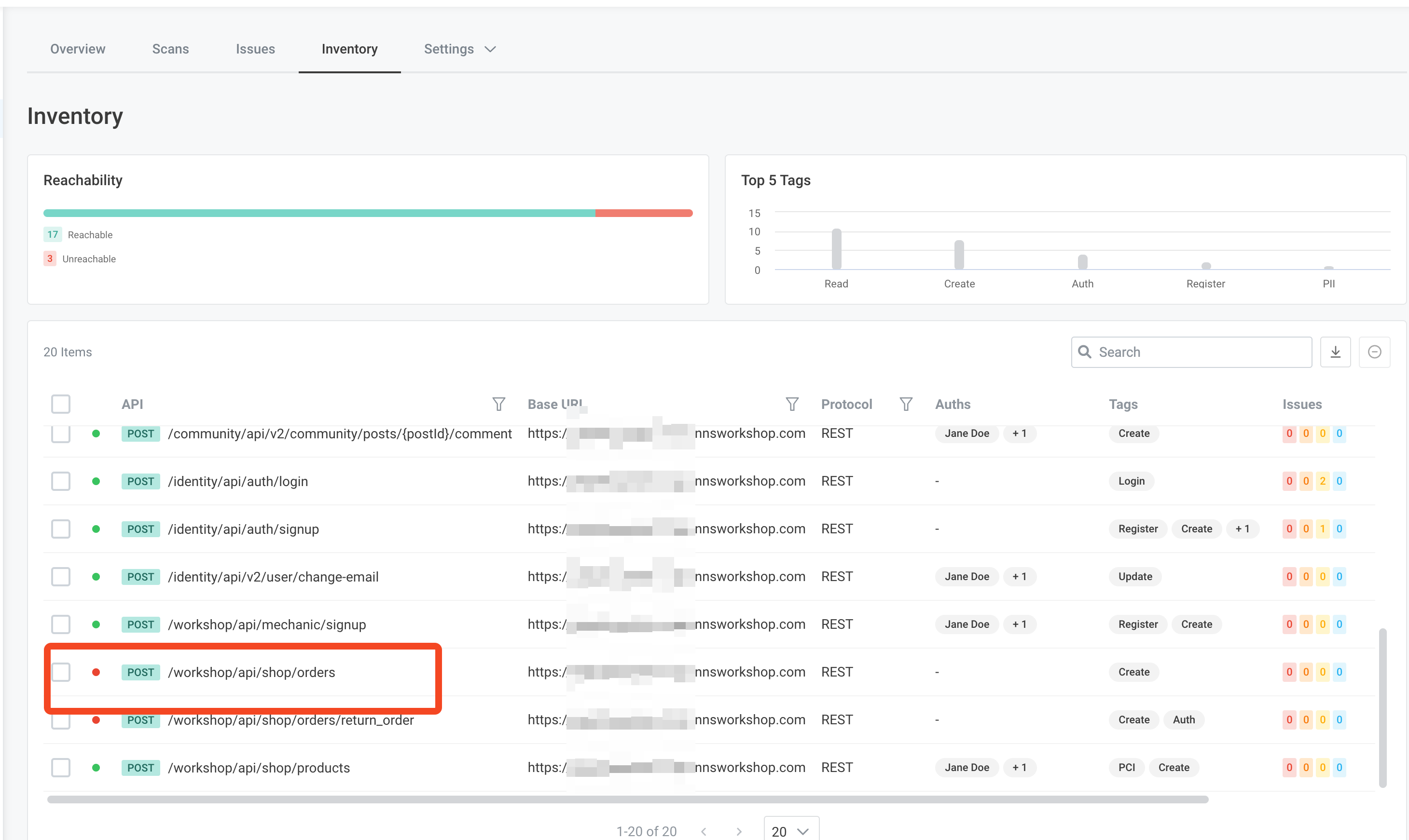 Screenshot of inventory tab and create order API